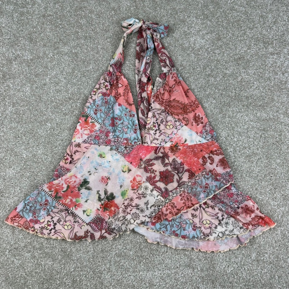 Patchwork Floral Paisley Mesh Halter Top Pink Multi Size M Y2K Boho Fairy